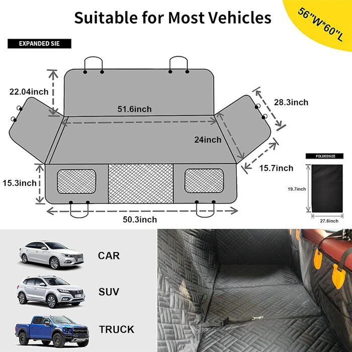 Автомобільний чохол на сидіння для собак, заднє сидіння, подовжувач, жорстка основа, знімний та пральний, водонепроникний, антиковзаючий, з сіткою та кишенею для зберігання, для авто, вантажівки, SUV