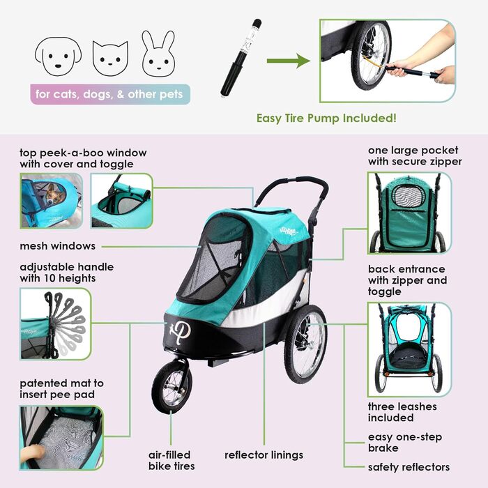 Візок для собак Petique Trailblazer Jogger Space Gray з насосом, дощовиком, адаптером для велосипеда та прапорцем безпеки | З повітряними колесами | Складаний | З оглядовим вікном | Для великих собак та котів (Neptune)