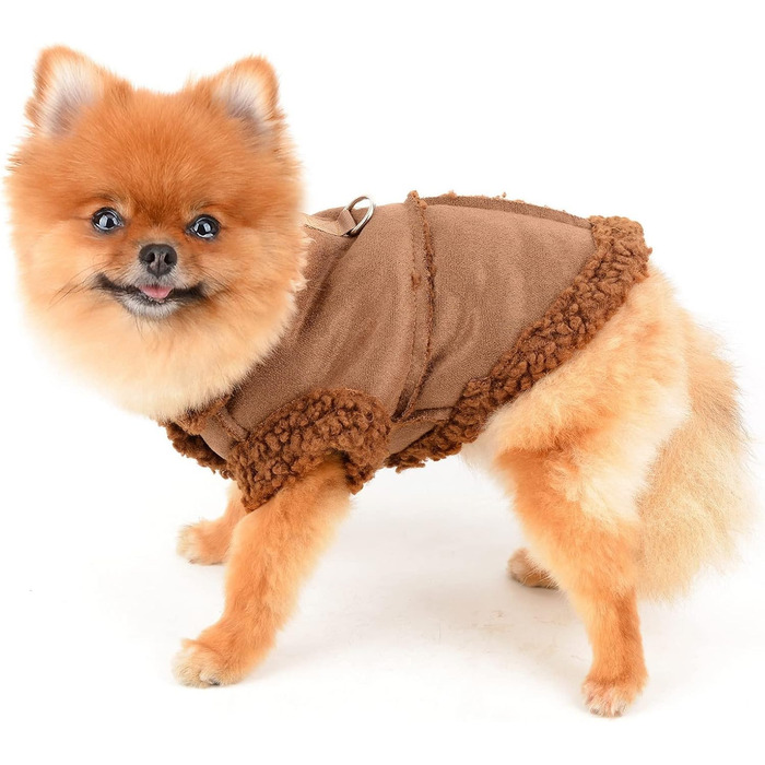 Теплий зимовий одяг для тварин з флісовою підкладкою: куртка для собак та котів, з кільцем для повідка, для чихуахуа, йоркширського тер'єра, коричневий (M)