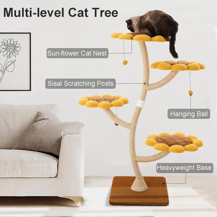 Котячий комплекс Romiromi з драбиною, 250-260 см, 6 платформ, капсула, будиночок-гніздо та гамак (Sunflower)