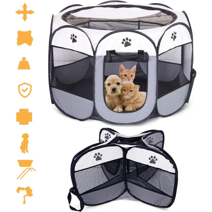 Вольєр для цуценят/маленьких тварин, 74x74x43 см. Підходить для собак, котів, кроликів та інших дрібних тварин. Для використання в приміщенні та на вулиці (Рожевий/Сірий-восьмикутний)