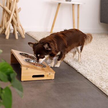 Підвищений годівниця для собак Lionto з бамбуку, 35x20x10 см, подвійний набір мисок для собак та котів, 2 миски з нержавіючої сталі Ø 14 см, об'єм кожної миски 250 мл, неслизька та щадяча суглоби