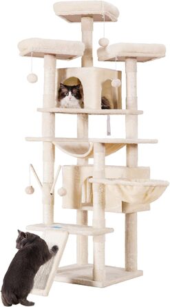 Hey-brother XL Котячий комплекс-будиночок, бежевий – велика котяча вежа з гамаками, кошиком, когтеточками, двома будиночками, м'якими полицями, стійкий і затишний центр для котів