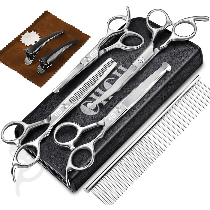 Професійний набір ножиць для грумінгу собак CIICII 10-в-1 з безпечними закругленими кінцями. Ідеально підходить для собак, котів та інших домашніх тварин. Срібний колір.