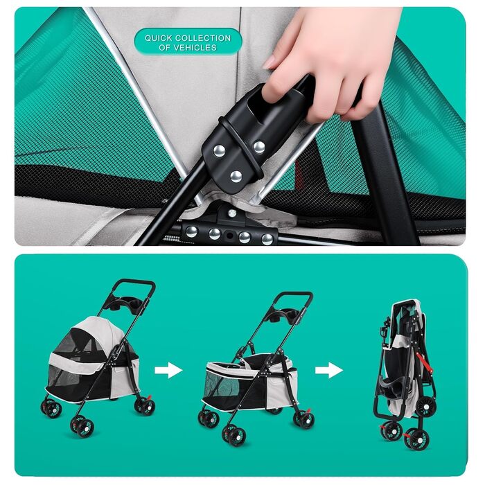 Візок для тварин 4 колеса для собак та котів, складний, з тримачем для напоїв, сітчастим вікном, сірий