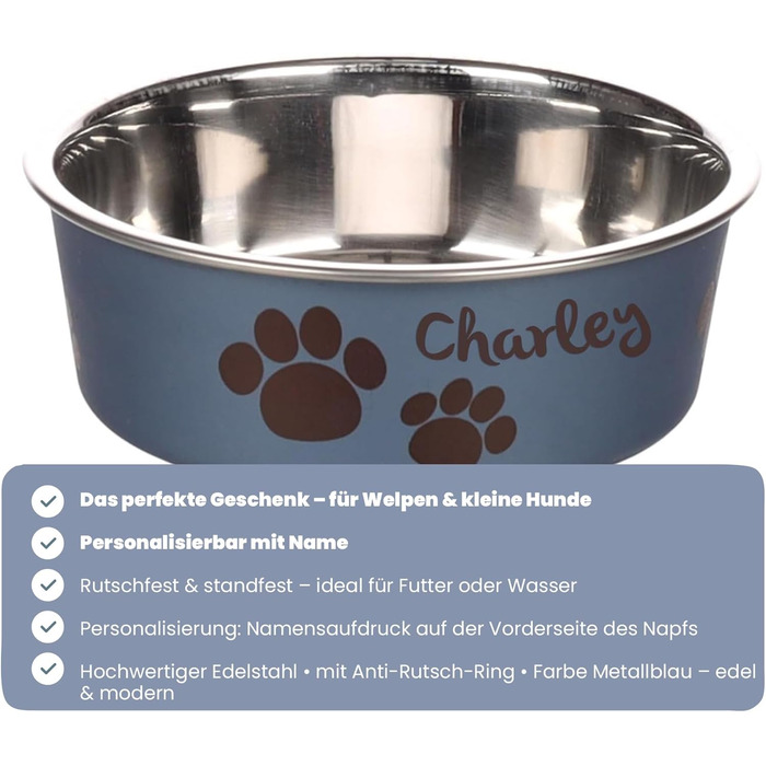 Персоналізований миска для собак з нержавіючої сталі 2200 мл – протиковзкий кільце – для великих собак – з іменем – Petslino (Металево-блакитний, XS)