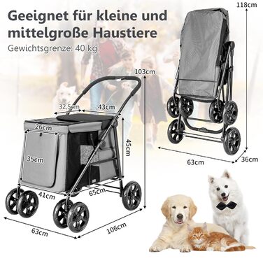 GYMAX Візок для собак, складний, до 40 кг, з кишенями, візок-тролей для собак та котів, сітчасті вікна, універсальні колеса та ручка (Сірий)