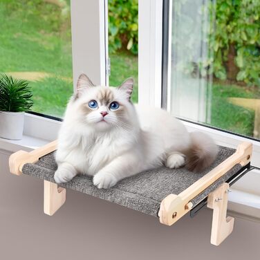 Кігтечка-ліжко для котів на підвіконня, 45x36 см, міцна дерев'яна платформа, з тканиною, для сну та сонячних ванн