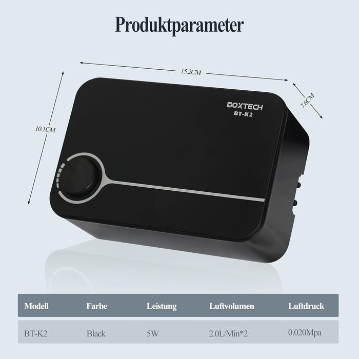 Boxtech акваріумний повітряний насос з регулюванням, подвійний вихід, 5 Вт, 2 л/хв, для акваріумів 10-150 галонів