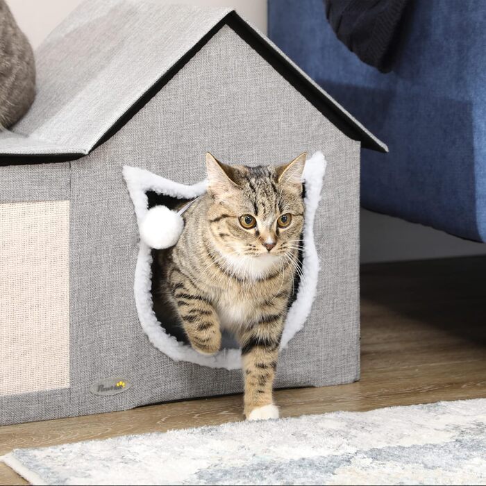 Будиночок для котів PawHut з кігтеточкою, подвійними дверцятами, подушкою та іграшкою, сірий поліестер, 65x41x45,5 см