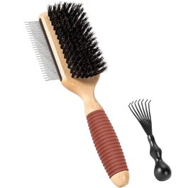 Двостороння щітка для собак та котів з щетиною кабана та пензлем, для догляду за шерстю, підходить для короткошерстих порід, з дерев'яною ручкою з гумовим покриттям