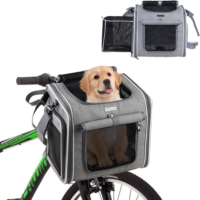 Корзина для собак на велосипед, знімний розширюваний велосипедний кошик для тварин з 4 сітчастими віконцями, корзина для велосипеда з регульованим плечовим ременем для котів та маленьких собак (підходить для ваги до...)