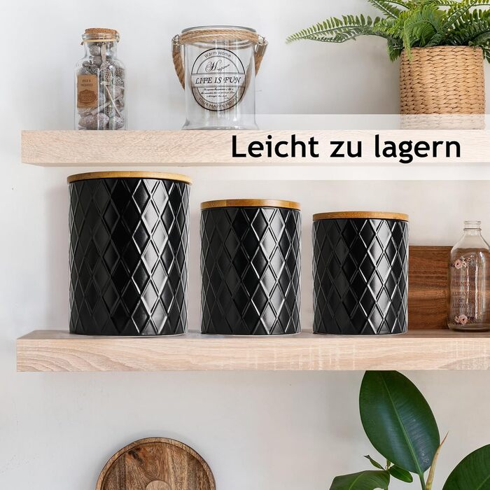 Набір з 3 вазок для зберігання Miamio Palmanova, кераміка з дерев'яним кришкою, білий та чорний кольори