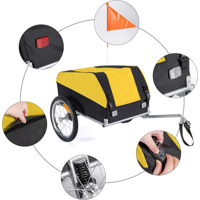 Велосипедний причіп CXWXC зі стоп-поглиначем, 120L, 40KG, складаний, з тентом та прапорцем - для щоденного транспортування (жовтий)