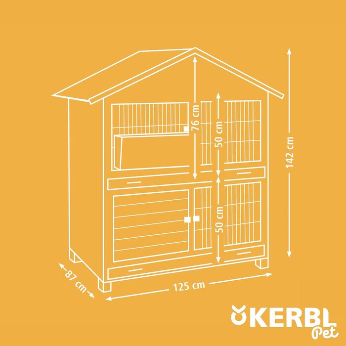 Kerbl Pet Südtirol – просторий вуличний будиночок для кроликів, морських свинок, стійкий до погодних умов, з висувними пластиковими лотками та сінником, 125×87×142 см