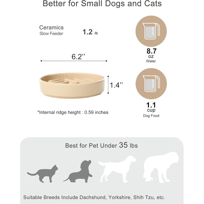 Миска для собак Slow Feeder з кераміки з антиковзним силіконовим краєм - миска-лабіринт для запобігання здуття та ожиріння (Apricot-S) Small Waves-Apricot