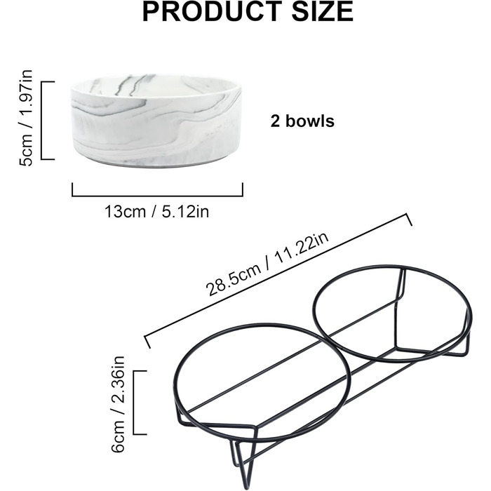 Набір мисок для собак та котів Fanquare з кераміки, сірий мармур, чорний металевий каркас, 400 мл