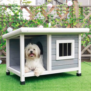 Будка для собак та котів Petsfit з масиву дерева, з балконом, терасою та вікном, утеплена, водонепроникна, для вулиці, 85x62x58 см, світло-сіра