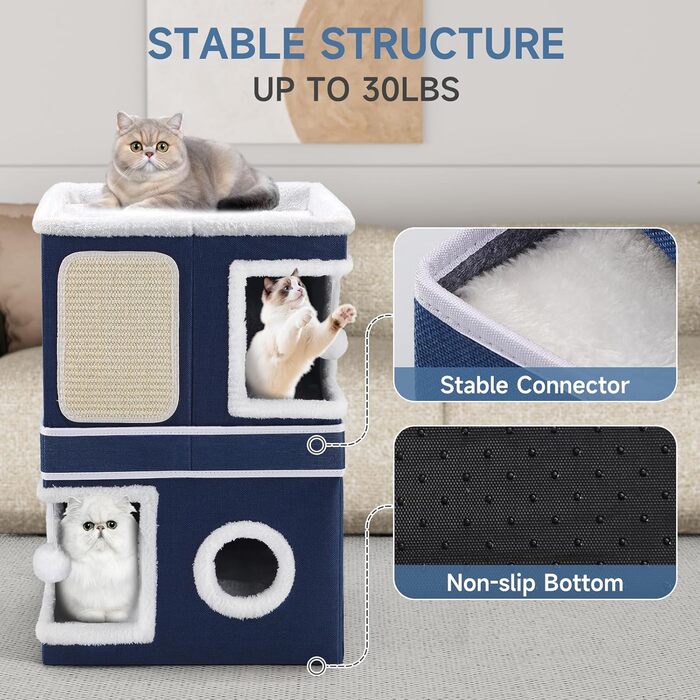 Кітчине гніздо Shikha, великий будиночок для котів, 3-ярусний куб для котів з дряпалкою та іграшкою, 61x45x32 см, блакитний