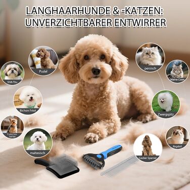 Набір для грумінгу собак великих порід Slicker Bürste Hund – 3 частини: щітка Slicker, гребінець для підшерстка та гребінець з нержавіючої сталі. Підходить для довгошерстих собак та котів (золотистий ретрівер, лабрадудль, пудель). Чорний колір.