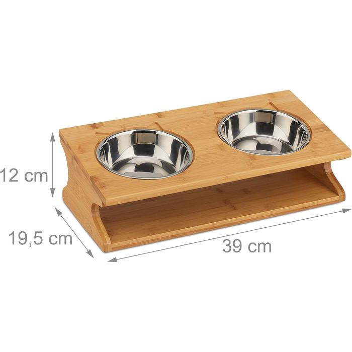 Підставка для корму Relaxdays для котів та маленьких собак, 2 миски по 300 мл, піднята, бамбук та нержавіюча сталь, 12x39x19,5 см, натуральний колір/срібло