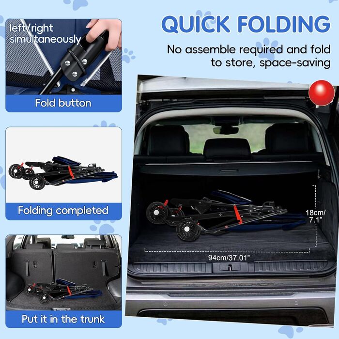 Дитяча коляска для тварин 4-Rad, синього кольору. Легка коляска для собак та котів з поворотними колесами та дихаючим мережевим покриттям. Ідеально для прогулянок та подорожей.