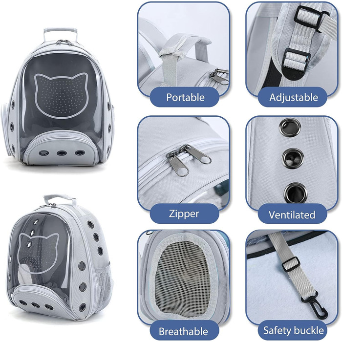 Рюкзак для котів та маленьких собак PETCUTE, дихаючий, знімний килимок, до 6 кг, з прозорим вікном, для подорожей (світло-сірий)