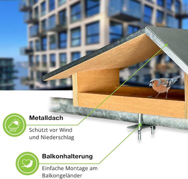 Годівниця для птахів на балкон GARTENETAGE з натурального дерева, металевий дах, проста установка, міцне кріплення, сучасний дизайн