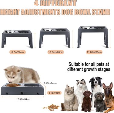Підвищений годівниця для собак, регульована висота, підставка, 4 рівні, повільне годування, миска для собак з нержавіючої сталі для малих, середніх та великих собак (сіра)