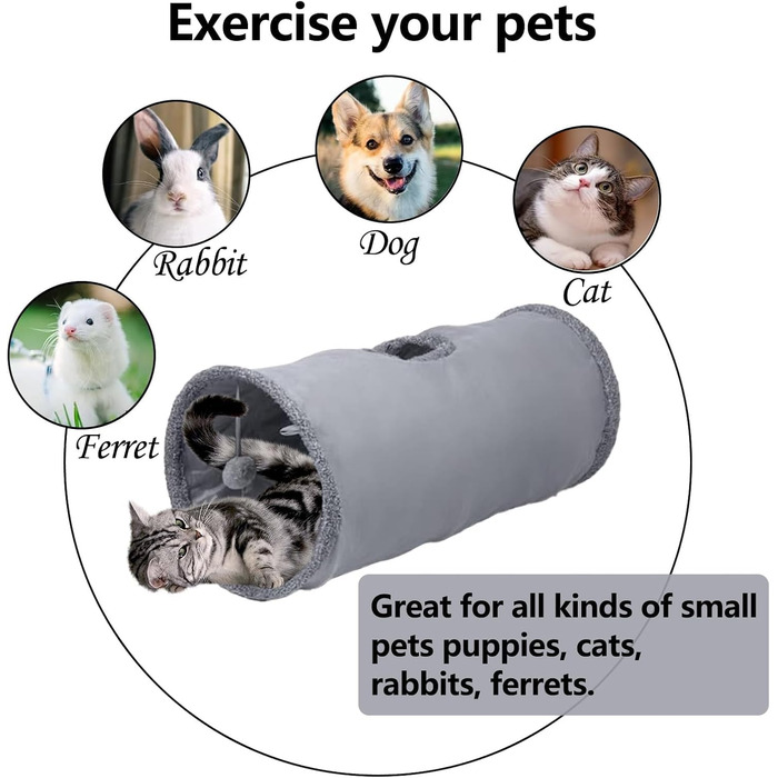 Туннель для котів Mymai з м'яким велюровим покриттям, інтерактивний шурхотливий тунель з 2 підвісними іграшками, ідеальний для кроликів та інших дрібних тварин (Хакі)