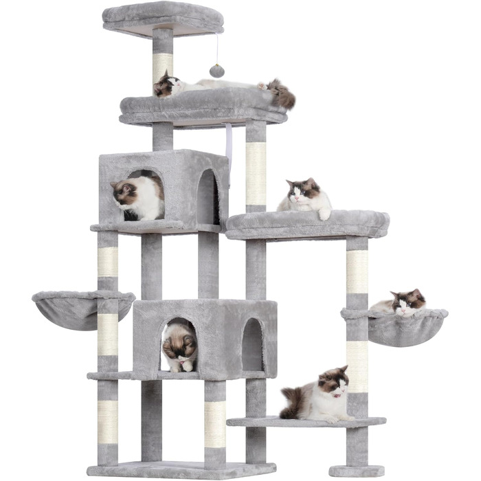 Котячий будиночок Hey-brother XXL для великих котів, 180 см, сірий, з 3 платформами, 2 кошиками та великою печерою