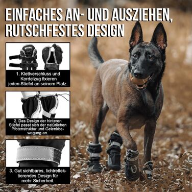 Чоботи для собак OneTigris Pathfinder: 4 шт., чорні, водонепроникні, теплі, регульовані, з світловідбиваючими застібками, розмір 9 (11x8 см)