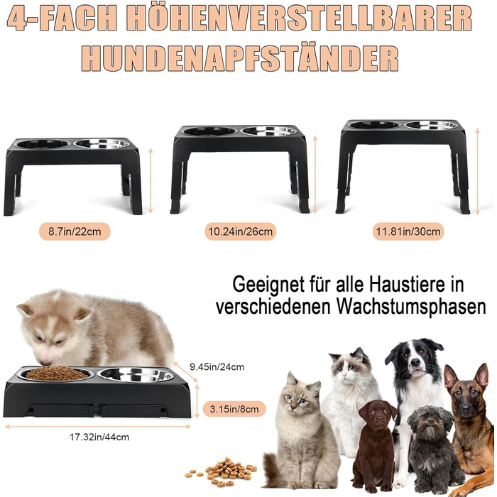 Підвищена годівниця для собак з регулюванням висоти, 4 положення, 2 миски з нержавіючої сталі та 1 миска для повільного годування, станція для годування собак великих, середніх та маленьких порід