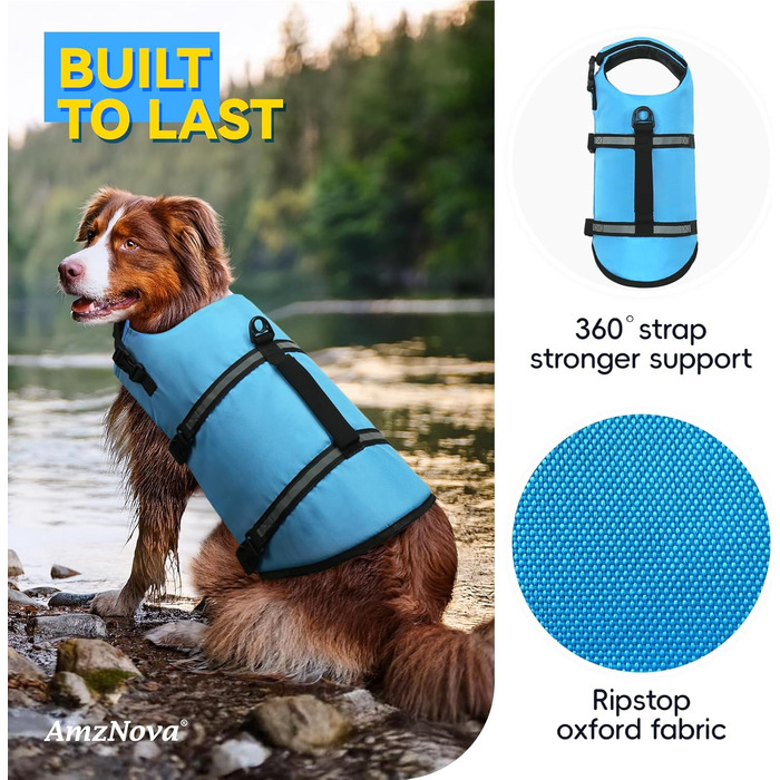 Світловідбиваюча рятувальна жилетка для собак AMZNOVA Rip Stop, XL, блакитна (обхват грудей 53-69 см)