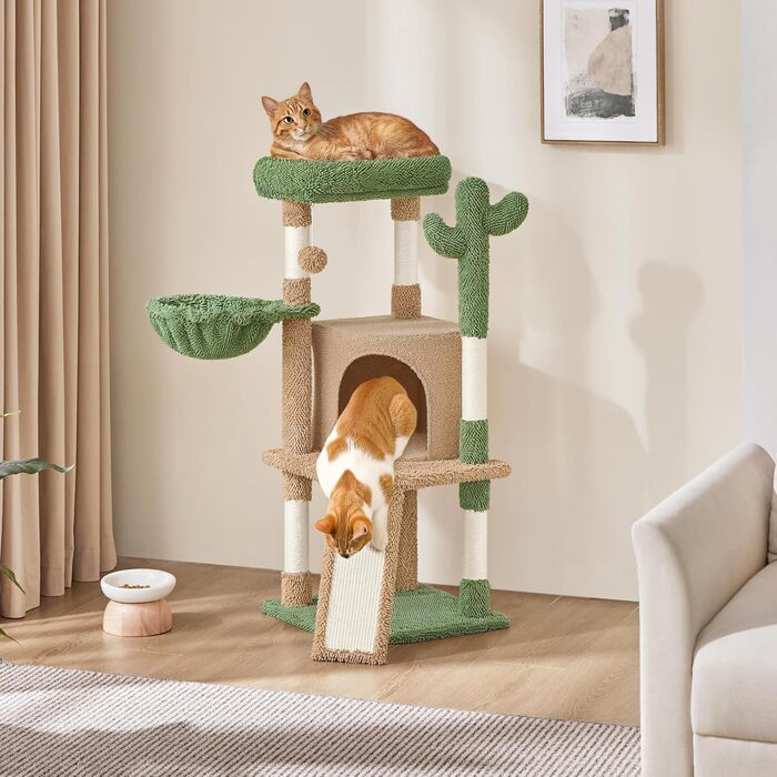 Дім-когтеточка для котів Yaheetech Kaktus: стабільна конструкція, оглядові платформи, печера, лежанка, сизаль, бежево-коричневий (коричнево-зелений, M)