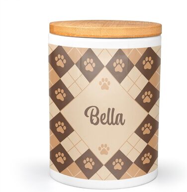 PICANOVA Скляна банка для ласощів з іменем - подарунок для собак - зберігання сухого корму - керамічна банка для власників собак та котів - дизайн (Set Checkered Paws)