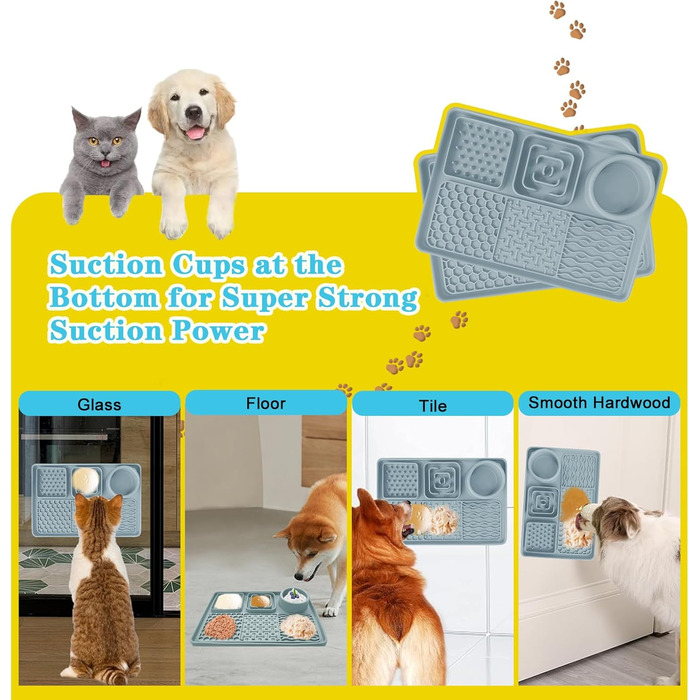 Силіконова килимок-заспокійвач для собак та котів Cooltto з мискою з нержавіючої сталі, з присосками, для грумінгу, миття та тренувань (Сірий, Модель A- 6 в 1 з 59 присосками)
