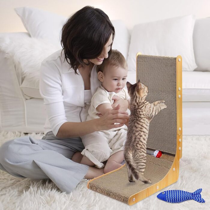 Котяча дряпка L-подібної форми, 68 см, з дзвіночком, рибкою та мишкою, з якісного картону, для стін, задовольняє природну потребу в дряпанні, XXL