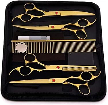 Професійна ножиця для собак, вигнута ножиця, ножиці для грумінгу собак, професійний набір ножиць для собак, прямі та вигнуті ножиці для фінальної обробки (золотий колір, 18 см)