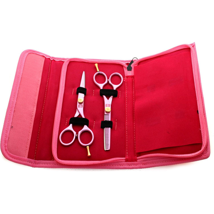 Професійна ножиця для перукарів та филирування, рожева, з міцним чохлом