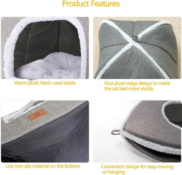 Квіткове ліжко для котів, складана хатинка, будиночок для котів з пральним подушками, ліжко для кошенят, маленьких домашніх тварин, котяче намету, м'яке та тепле котяче ліжко для дому, Сірий M(38 x 15 x 15 см)
