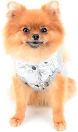 PAIDEFUL Зимовий теплий пуховик для собак - куртка з капюшоном для маленьких собак, чихуахуа, котів. Розмір M, сріблястий колір. Водонепроникний, вітрозахисний. Довжина спини 25 см, обхват грудей 37 см.