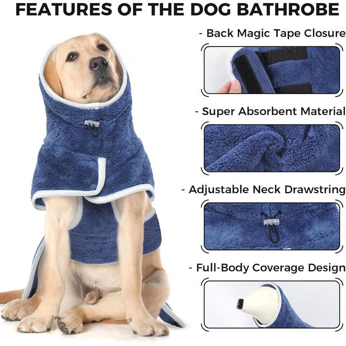 Рушник для собак, халат для собак, мікрофібра, великий, середній, малий, з клямками, блакитний