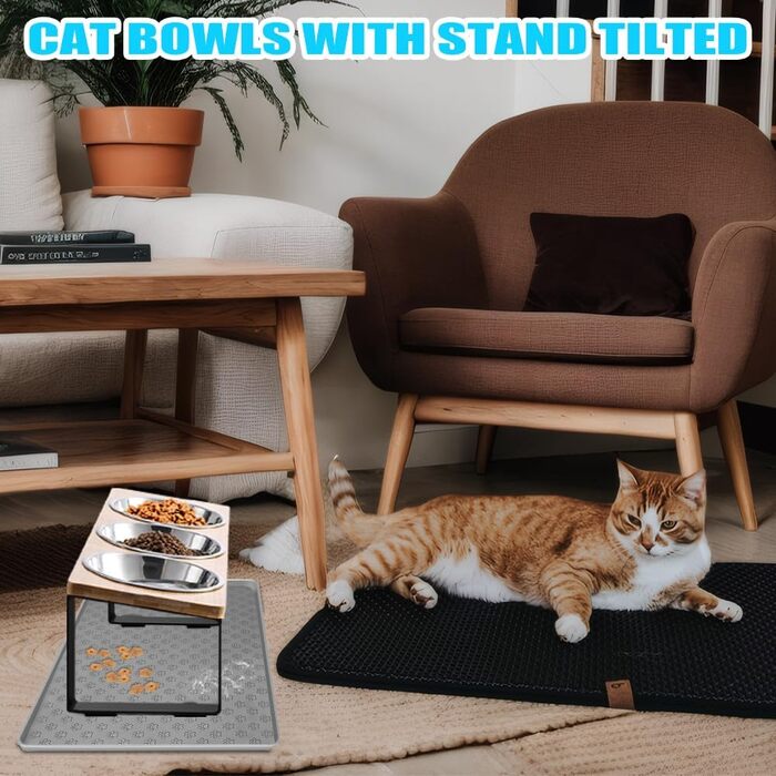 Підвищені годівниці для котів 3 шт. з нержавіючої сталі, 15° нахил, з підставкою з силікону та металевим кріпленням. Миска для корму та води для котів та маленьких собак