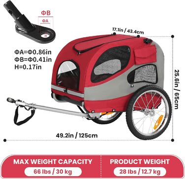 Причіп для собак до 30 кг, складний, з відбивачами, сумкою, м'яким внутрішнім простором та страхувальними ременями, червоний