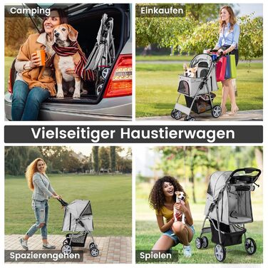 GYMAX Візок для домашніх тварин, складний, для котів/собак до 15 кг, з кошиком, дощовиком та сіткою, для маленьких тварин (сірий)