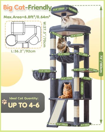 Котячий комплекс Taoqimiao 183 см XXL з будиночком, гамаком, когтеточками та великою платформою (темно-сірий)