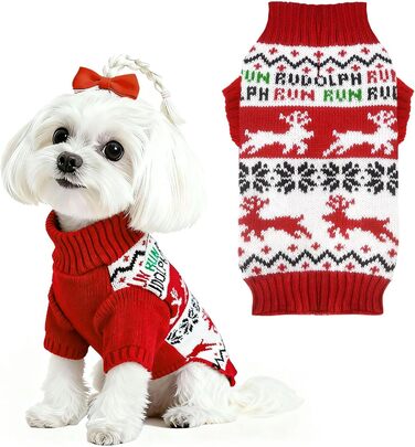 Святочний пуловер для собак, теплий, м'який, осінньо-зимовий, з високим коміром, в'язаний, для цуценят, милий олень, червоний, для собак, на Різдво, з короткими рукавами, (XX-Large, Червоний/Білий)