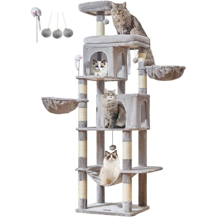 Котячий комплекс Taoqimiao MS044W, 190 см, сірий: багатоярусна котяча вежа з 2 будиночками, гамаком, 8 стовпчиками для дряпання та 2 підвісними кошиками