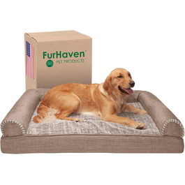 Лежак для собак і котів Furhaven Sofa, охолоджуючий гель, ортопедична піна, плюш, знімний чохол, велика, Woodsmoke